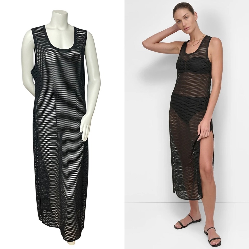 NWT DNKY Swimsuit Cover-Up Mesh Dress Sleeveless Women Size XL Black Beach Pool